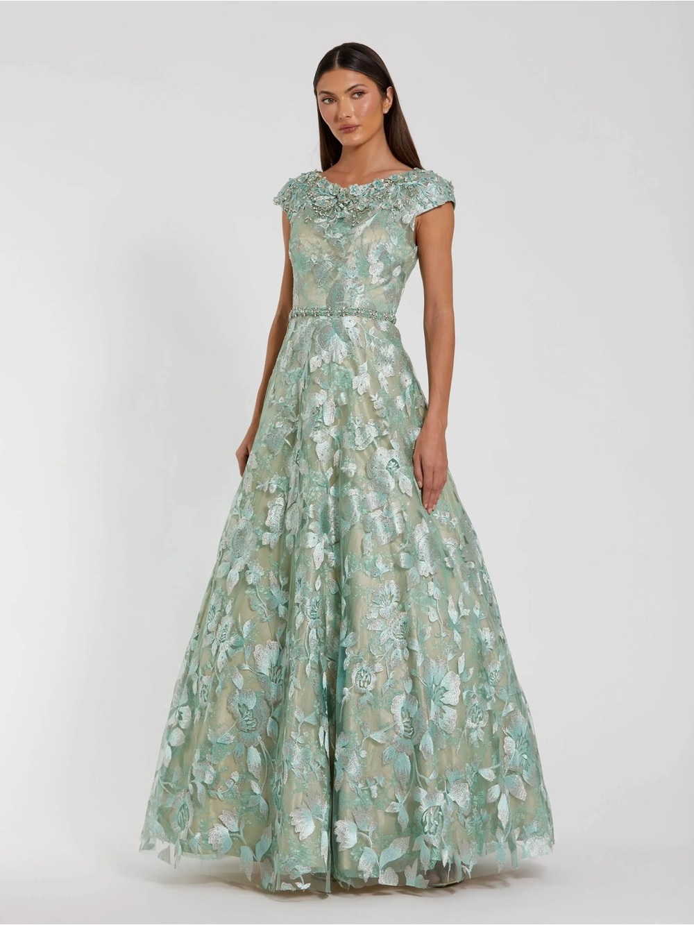 Mac Duggal 79325 NWOT Green Embellished Cap Sleeve High Neck A-Line Ball Gown